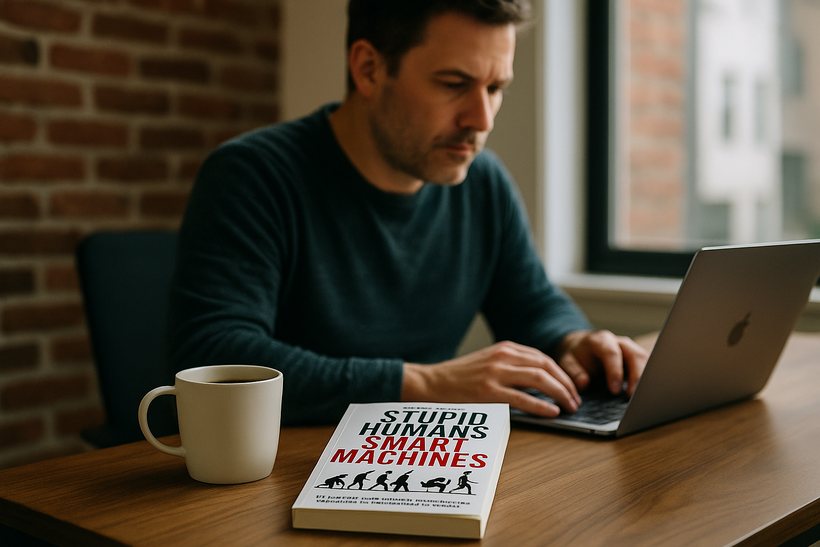 Reader with the book at a desk