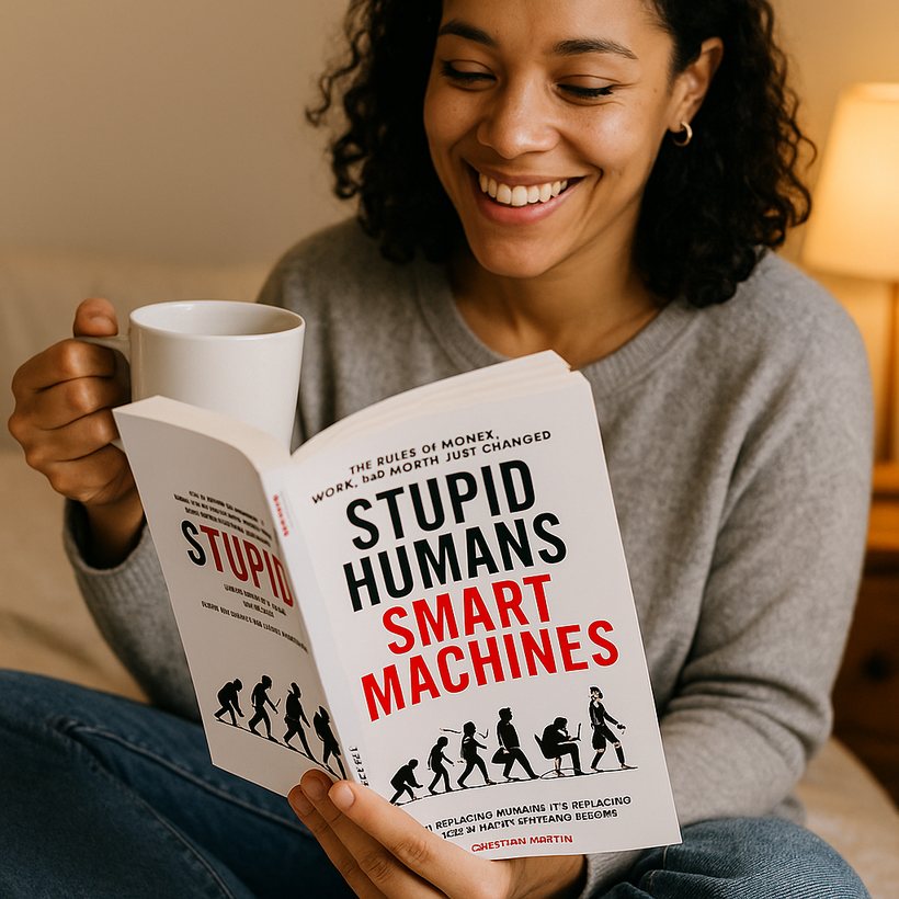 Reader with the book at home