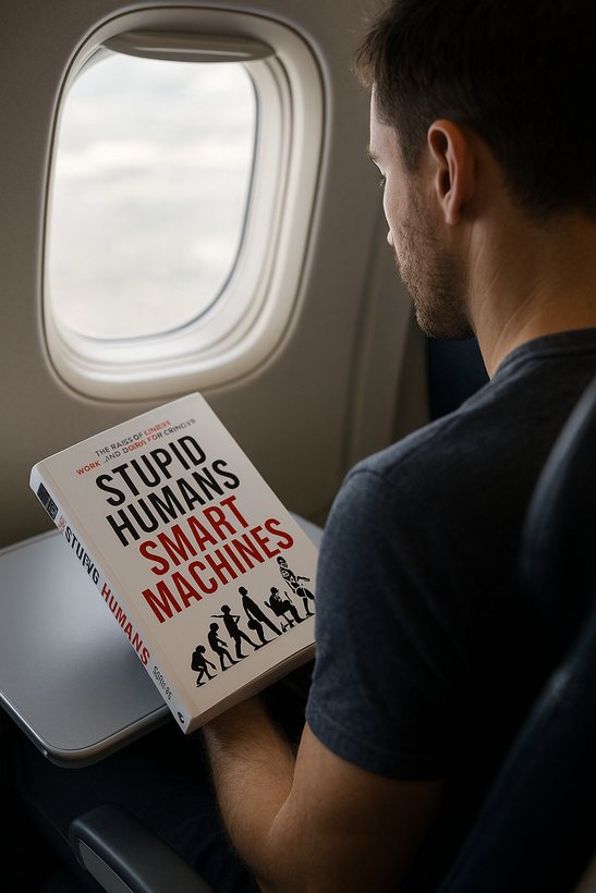 Reader with the book on a plane